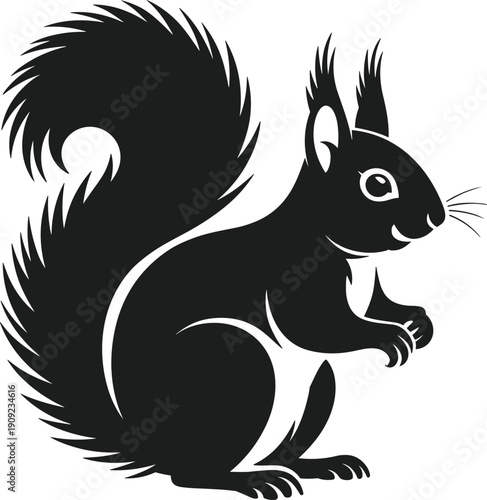 Black silhouette of a squirrel with a bushy tail and alert ears on a white background animal