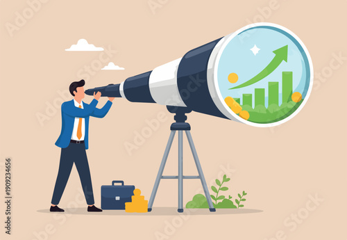 Business and investment vision to see ahead future return or ability to see opportunities for work and career concept, smart businessman investor look into huge telescope to see rising green graph