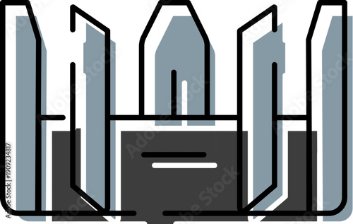 Icon representing an abstract architectural structure, symbolizing urban development, progress, or landmark status with its linear shapes and modern outline