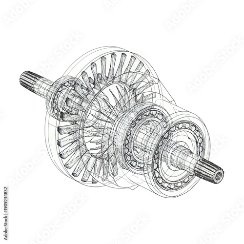 Detailed Wireframe Blueprint of a Complex Mechanical Gearbox Assembly.