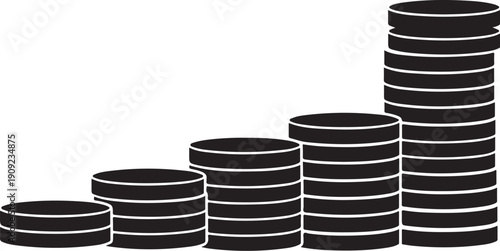 Increasing stacks of black coins on white background illustration