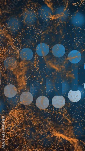 Vertical video: Dotted mesh sparking orange filaments and blue discs animating into arc for focus