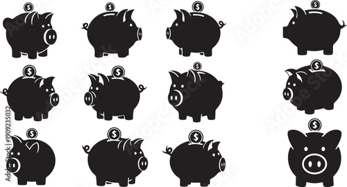 Black piggy banks with coins on white background illustration