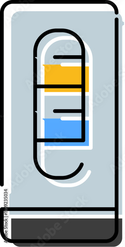 Medication dispenser icon showing dosage level with two distinct colored sections in a vertical rectangular container, illustrating pharmaceutical treatment and precise healthcare measurement