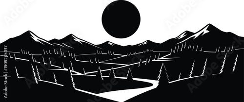 Ethereal landscape with mountains and mysterious orb