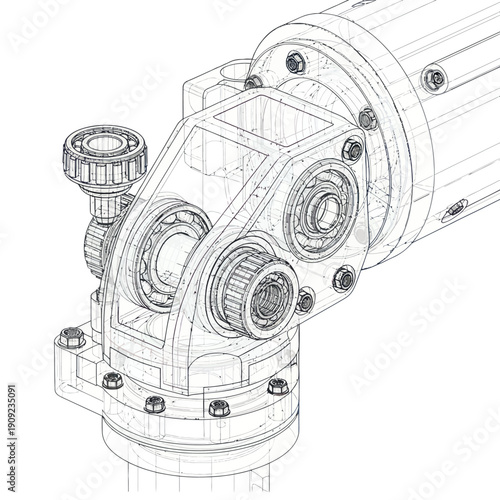 Detailed Wireframe Drawing of an Industrial Robotic Arm Joint with Visible Internal Gears and Bearings.