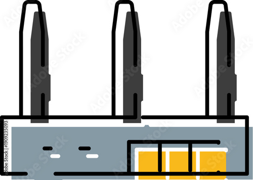 Wireless router providing internet connection, a networking device enabling global communication and digital connectivity represented as a simple line art illustration with color fill
