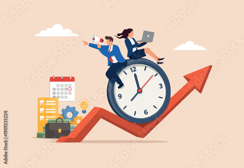 Time management, effort or efficiency boost, productivity to finish project, teamwork or planning, multitasking or finish work within deadline concept, business people clock up rising arrow.