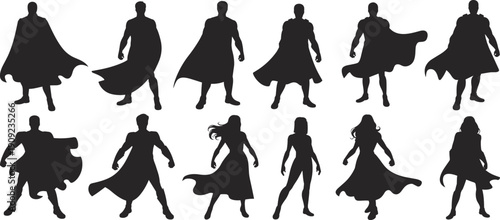 Black silhouette illustrations of twelve superhero figures in dynamic action poses with flowing capes, isolated vector icons for comic book graphics, pop culture, and design projects