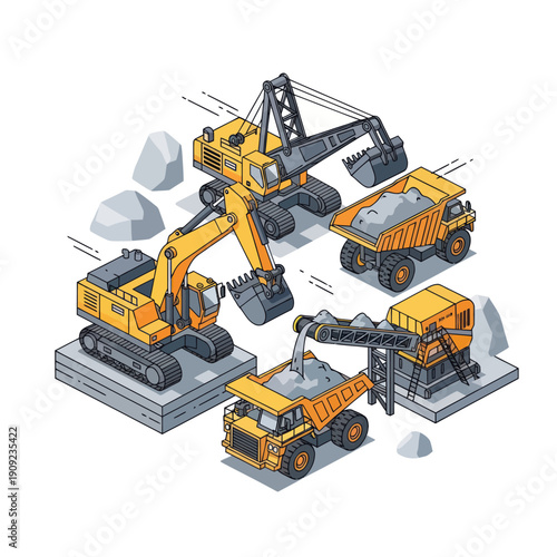 Heavy Construction Equipment Working Together on a Mining Site.