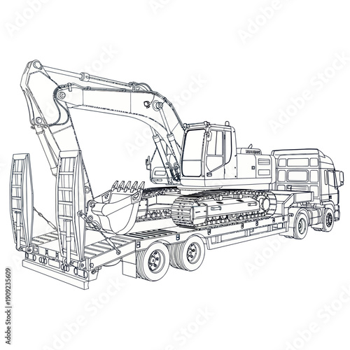 Heavy Duty Excavator Transported on a Lowboy Trailer.