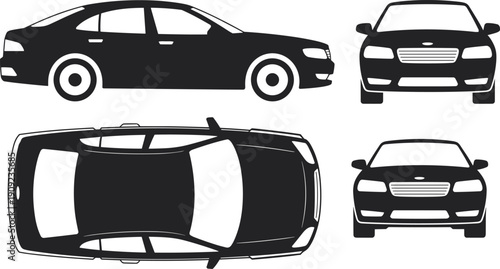 Set of four black car silhouette illustrations showing side, front, and top perspectives of sedan design for automotive graphics, transport orientation, and instructional materials