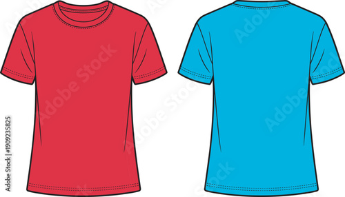 Set of front and back view blank t-shirt vector templates in red and cyan colors, technical fashion flat sketches isolated on white background.