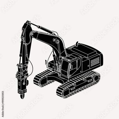 Heavy-duty hydraulic breaker excavator for construction and demolition work.