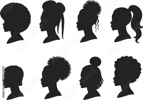 Female hairstyle silhouette collection with afro, braids, buns and ponytails, diverse women profile heads isolated on white background vector illustration beauty fashion icons