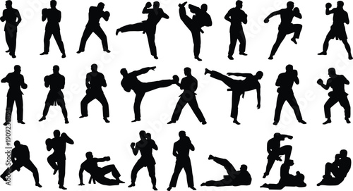 Martial Arts Silhouette Collection Featuring Karate Kickboxing and MMA Fighters in Action Poses Combat Sports Training Graphics for Fitness Design and Professional Competitive Branding Elements