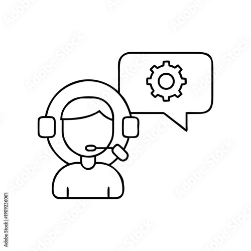 A minimalist illustration of a customer support agent with a headset and a speech bubble containing a gear icon on transparent background