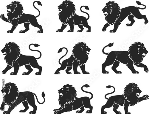 Set of black lion silhouette icons in different poses, roaring walking and standing wild animal vector illustration isolated on light background