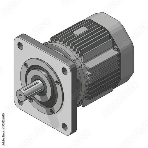 Industrial Electric Motor with Gearbox and Cooling Fins.