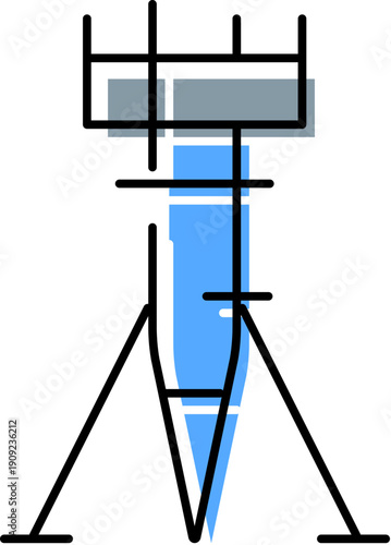 Rocket spacecraft standing on a launch pad with a service tower, symbolizing space exploration, modern technology, and future cosmic travel in a linear style