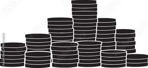 Stacks of black coins on a white background illustration