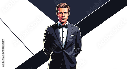 Handsome groom in black tuxedo with bow tie