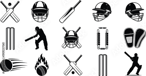 Cricket, Equipment, Silhouettes, Batsman, Helmet, Bat, Ball, Wicket, Pads, Gloves, Sport, Game, Collection, Icons, Isolated, Black, Illustration, Set, Protective, Gear