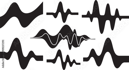Sound wave patterns and audio signal graphics in black