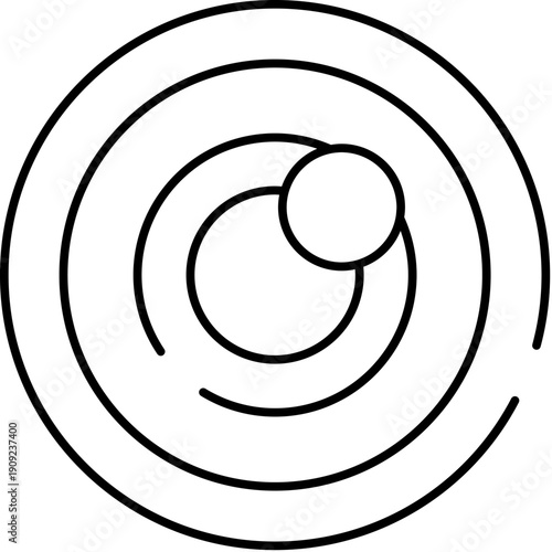 Abstract line art illustration depicting a minimalist solar system or planetary orbit, showing a central planet encircled by two orbital paths and another orbiting satellite