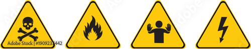 Caution Signs Icon Set Fire Warning Hazard Danger High Voltage Attention Risk Flammable Skull Bone
