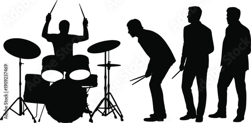 Silhouette illustration of drummer playing drum set with musicians holding drumsticks, band rehearsal scene, and musical performance concept for art, design, and education