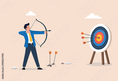 Practice develop success, effort to improve and achieve target, mistake, failure discipline to keep practice and reach goal concept, businessman practicing archery with mistakes until success.