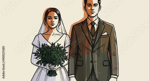Wedding couple standing together in a hand drawn illustration style