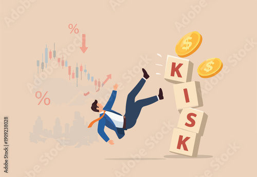  Investment risk, volatility and fluctuation in stock market that price will drop, stability and uncertainty concept, businessman investor falling from stack block word RISK impact by money coin.