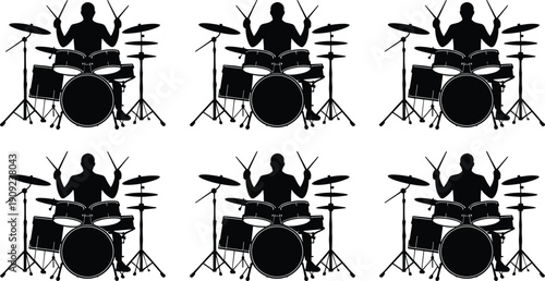 Silhouette illustration of drummer playing full drum set with cymbals, toms, snare, and bass in repeated artistic design for music, rhythm, and performance