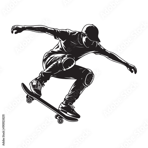 Dynamic black and white illustration of a skateboarder performing a trick