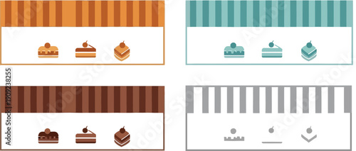 A set of colorful artisan sweet labels with cake icons on a white background
