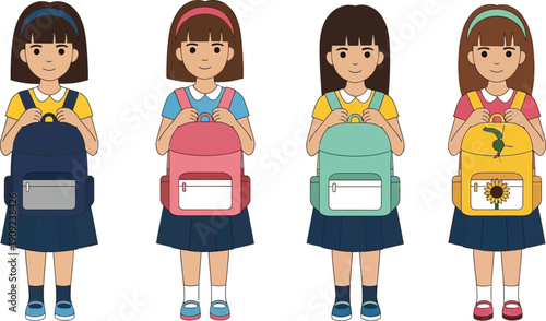 A colorful illustration of four schoolgirls standing in a row, each holding a different colored backpack.