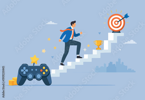  Gamification, business or marketing strategy using game challenge, achievement to engage with customer, winning motivation, joyful businessman walk up stair from gaming joystick to achieve target
