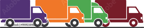 A colorful illustration of four trucks in a row, each with a different color and design