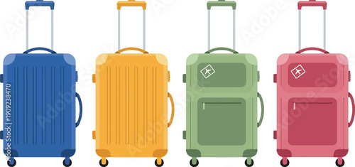 A colorful illustration of four suitcases in different colors, representing travel and luggage