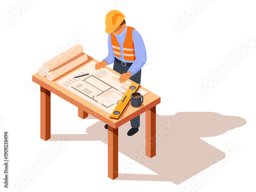 An isometric engineer studying plans on a desk, vector illustration