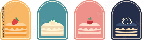 A colorful vector graphic illustration of four cake labels with different flavors and designs