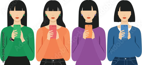 A group of women using their smartphones in a colorful and modern illustration