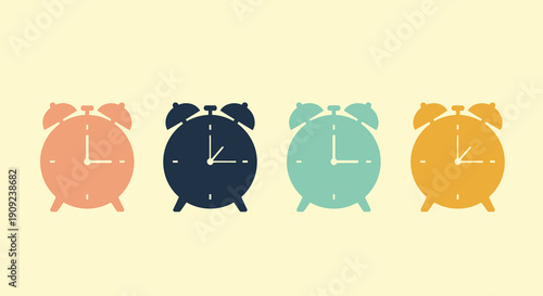 A set of colorful alarm clocks in a flat design style on a pale background