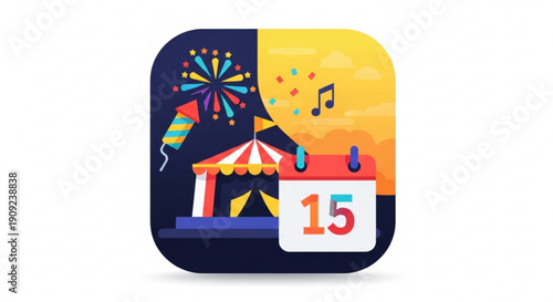 Vibrant carnival scene with ferris wheel tent and calendar marking a fun event on a sunny day