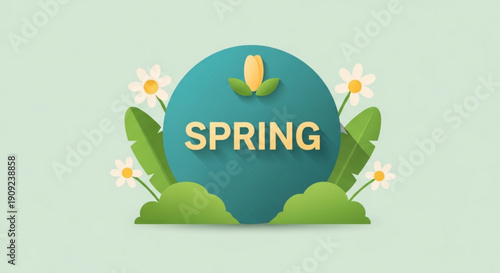 Spring season graphic illustration with flowers and green hills on blue background