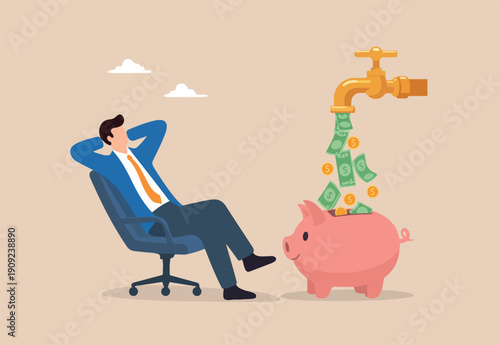 Passive income to reach financial freedom, earning money while you sleep or wealth increase without salary concept, relax businessman sit on the chair to see money faucet flow to savings piggybank.