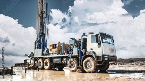 The drilling rig stands at the worksite extracting oil and gas resources. Clouds cover the sky as equipment prepares for drilling activities on the site