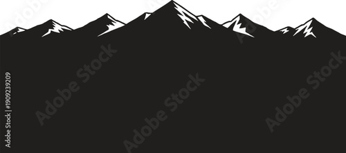 Silhouette of snowy mountain range against white background